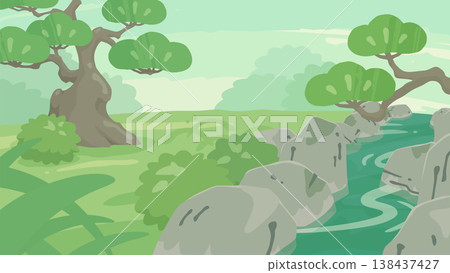 日式庭園景觀插畫_綠光_16:9 138437427
