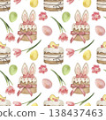An Easter seamless pattern with kulich, eggs, and tulips. The hand-drawn watercolor illustration features a botanical style. Suitable for packaging, gift design, holiday decor, cards, fabric, textiles 138437463