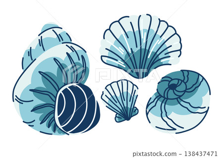 A set of flat and twisted gastropod and scallop shells in blue tones in a doodle style A set of flat and twisted gastropod and scallop shells in blue tones in a doodle style 138437471