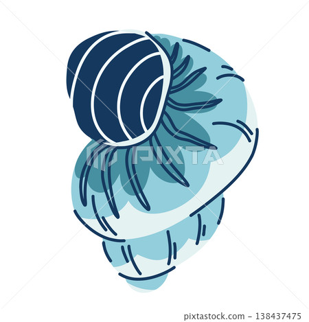 Turbinidae family shell doodle style in blue colors, smooth twisted gastropod shell 138437475