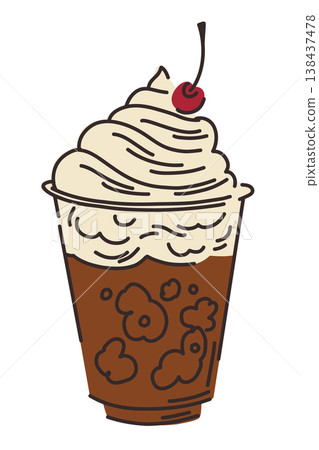 Frappuccino, flat illustration of a cold coffee drink, espresso and milk with ice, garnished with whipped cream and a cherry, in a clear plastic cup, Milk chocolate shake Frappuccino, flat illustration of a cold coffee drink, espresso and milk with ice, garnished with whipped cream and a cherry, in a clear plastic cup, Milk chocolate shake 138437478