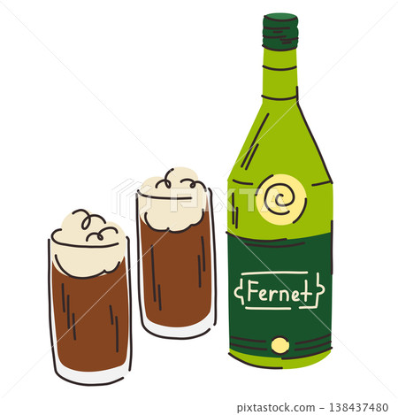 A green glass bottle of Fernet with a label showing two full glasses of the dark brown drink 138437480