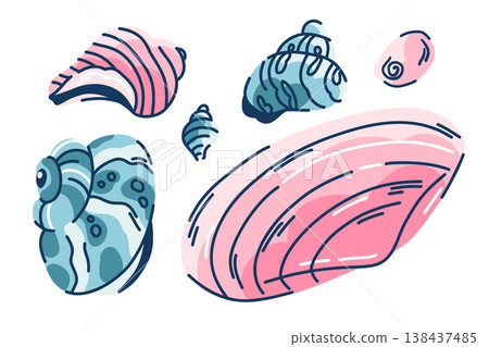 Set of shiny seashells in turquoise and pink, mussel shells, clams and hermit crabs on white, sea treasures for decoration 138437485
