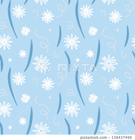 Seamless Blue Floral Pattern with White Flowers and Abstract Leaves, Soft Nature Background 138437498