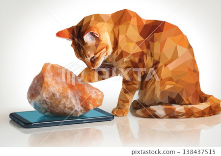 Redhead low poly cat puts a stone on smartphone. Redhead low poly cat puts a stone on smartphone. 138437515