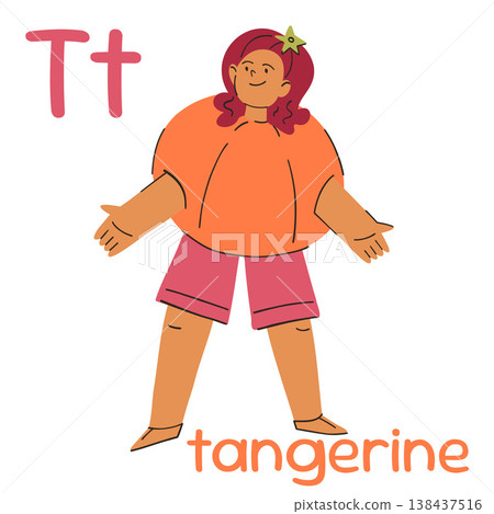 A girl with red hair and shorts in a Mandarin suit, letter T learning English 138437516