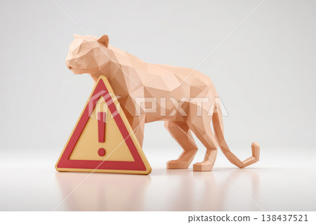 A light cat next to a warning sign on a light background. A light cat next to a warning sign on a light background. 138437521
