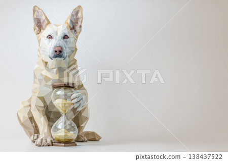 A white dog holds an hourglass on a light background. Space for text. 138437522