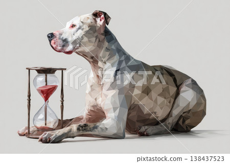 Dog lying next to an hourglass on a light background. 138437523