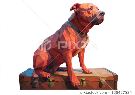 A red dog is sitting on a suitcase on a light background. A red dog is sitting on a suitcase on a light background. 138437524