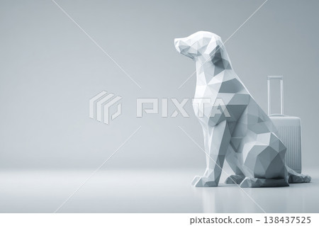 A white dog sits next to a suitcase on a light background. Space for text. 138437525