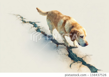 The dog carefully walks along the crack on the light background. Space for text. The dog carefully walks along the crack on the light background. Space for text. 138437526