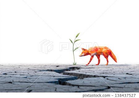 A red fox next to a green sprout on the cracked ground. Space for text. A red fox next to a green sprout on the cracked ground. Space for text. 138437527