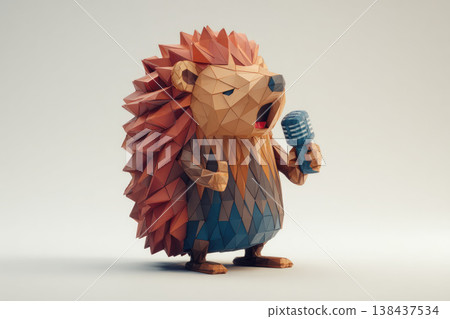 A low-poly hedgehog holds a microphone and sings against a clean background. A low-poly hedgehog holds a microphone and sings against a clean background. 138437534