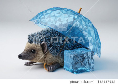 A hedgehog under a blue umbrella next to an ice cube. A hedgehog under a blue umbrella next to an ice cube. 138437538