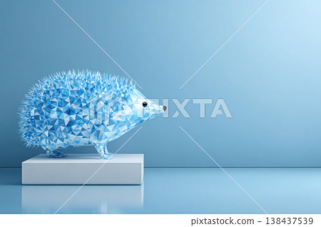 A blue hedgehog on a white pedestal on a blue background. Space for text. A blue hedgehog on a white pedestal on a blue background. Space for text. 138437539