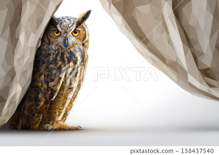 An owl peeks out between beige curtains on a light background. Space for text. An owl peeks out between beige curtains on a light background. Space for text. 138437540