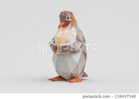 A penguin holds a lit candle on a light background. Space for text. A penguin holds a lit candle on a light background. Space for text. 138437548