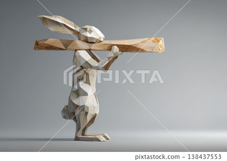 Low poly rabbit carrying wooden beam on light background. Space for text. Low poly rabbit carrying wooden beam on light background. Space for text. 138437553
