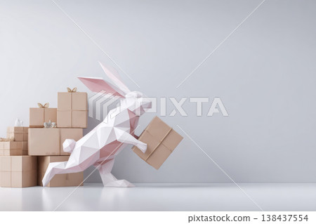 Low poly white rabbit carrying box among boxes. Space for text. 138437554
