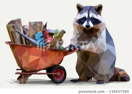 Low-poly raccoon with a wheelbarrow and various objects on a light background. Low-poly raccoon with a wheelbarrow and various objects on a light background. 138437560