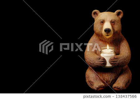A bear holds a burning candle in a glass jar on a black background. Space for text. A bear holds a burning candle in a glass jar on a black background. Space for text. 138437566