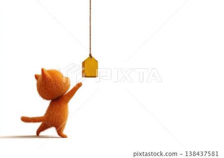 A fluffy ginger cat reaches for a suspended wooden block. Space for text. A fluffy ginger cat reaches for a suspended wooden block. Space for text. 138437581