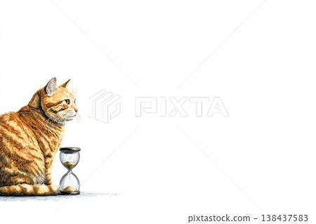 A ginger cat sits next to an hourglass. Space for text. A ginger cat sits next to an hourglass. Space for text. 138437583