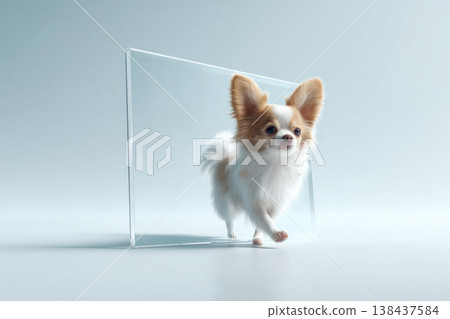 A small dog walks through a transparent glass panel. A small dog walks through a transparent glass panel. 138437584