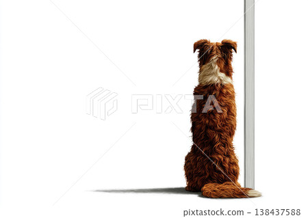 The dog sits with his back against the doorway. Space for text. 138437588