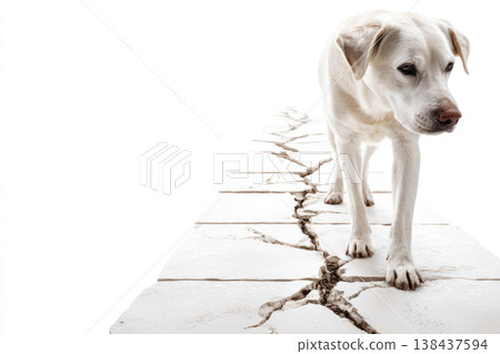 A white dog walks on a cracked tile on a white background. Space for text. 138437594