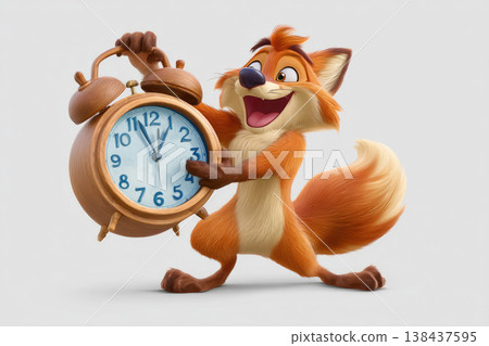 Cartoon fox holding a large alarm clock on a light background. Cartoon fox holding a large alarm clock on a light background. 138437595