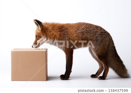 A red fox sniffs a cardboard box on a light background. 138437599