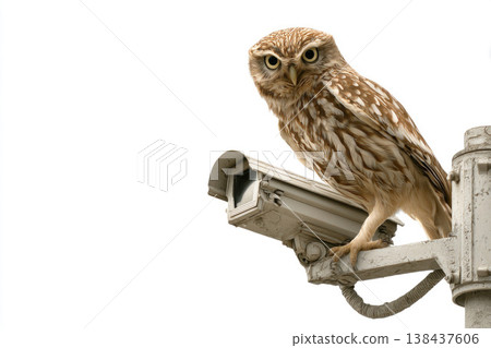 An owl is sitting on a CCTV camera. Space for text. An owl is sitting on a CCTV camera. Space for text. 138437606