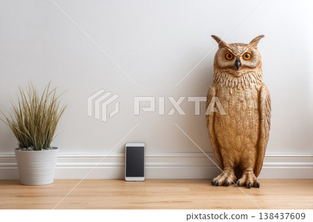 A wooden owl stands against a wall next to a smartphone. Space for text. 138437609