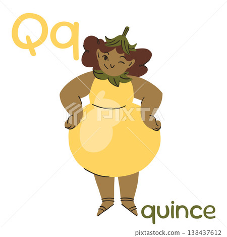 Educational flashcard on Q, Indian girl in yellow quince costume standing with hands on hips, learning English Educational flashcard on Q, Indian girl in yellow quince costume standing with hands on hips, learning English 138437612