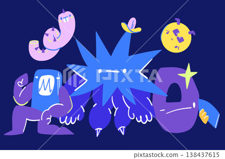 Bright bold geometric characters in blue tones with acidic accents, bodybuilder star, pink swirl, yellow confused circle, geometric chaos 138437615