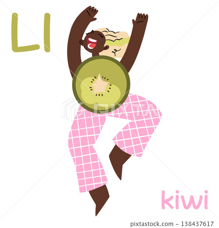 A black girl in a kiwi suit and pink checkered pants is jumping happily. Educational flashcard for the letter k for learning English. A black girl in a kiwi suit and pink checkered pants is jumping happily. Educational flashcard for the letter k for learning English. 138437617