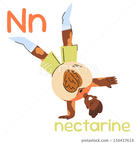 A flashcard for the letter M, a child with vitiligo doing a handstand in a nectarine costume 138437618