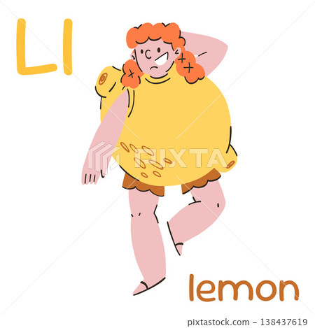 Red-haired white Irish girl with freckles wearing a lemon suit, shorts, and flipflops, educational flashcard for the letter L 138437619
