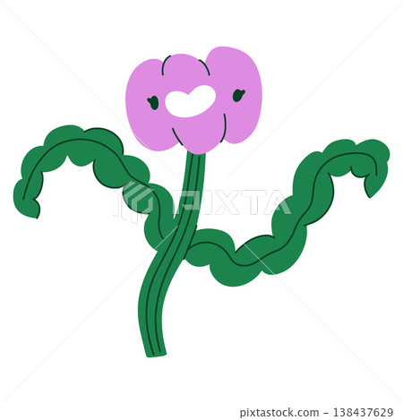 A purple flower character with green leaves dancing on a white background A purple flower character with green leaves dancing on a white background 138437629