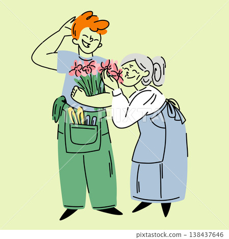 Young man florist giving flowers to a happy senior woman outline doodle illustration of a work scene 138437646
