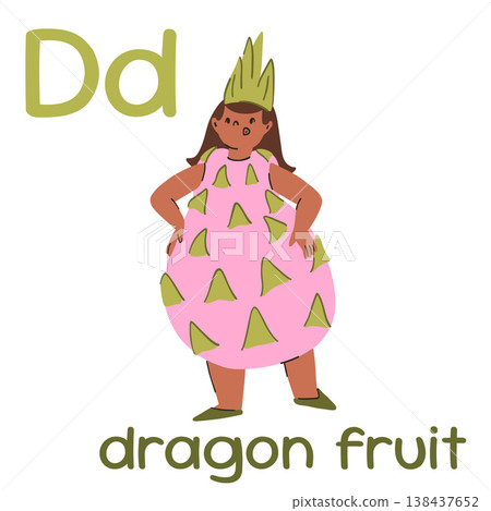 A girl in a dragon fruit costume learning the English alphabet with flashcards, letter D A girl in a dragon fruit costume learning the English alphabet with flashcards, letter D 138437652