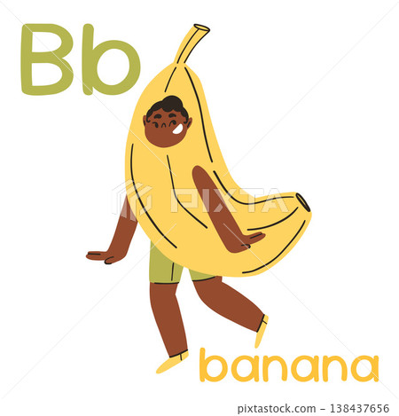 Educational flashcard with the letter B and a girl in a banana costume, a fruit alphabet for learning with joy Educational flashcard with the letter B and a girl in a banana costume, a fruit alphabet for learning with joy 138437656