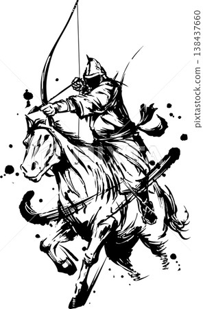 Ink painting illustration of a samurai riding a horse and drawing a bow. Ink painting illustration of a samurai riding a horse and drawing a bow. 138437660