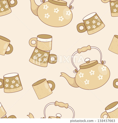 Cozy Seamless Pattern with Handcrafted Ceramic Teapots and Cups. Artisan Unique Handmade Pottery Teaware on Beige Background. Kitchenware Template for Kitchen Decor and Packaging. Vector Illustration. Cozy Seamless Pattern with Handcrafted Ceramic Teapots and Cups. Artisan Unique Handmade Pottery Teaware on Beige Background. Kitchenware Template for Kitchen Decor and Packaging. Vector Illustration. 138437663