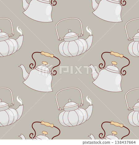 Seamless Pattern with Vintage Metal Kettles on Green Background. Retro Enamelware Teapots Kitchen Print. Nostalgia Kitchenware Farmhouse Decor. Vector Illustration. 138437664
