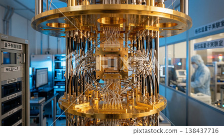 量子電腦冷卻系統（吊燈）和精密佈線的逼真影像。 138437716
