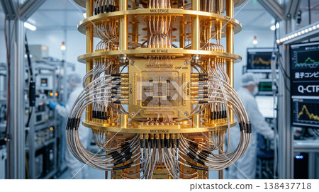 量子電腦冷卻系統（吊燈）和精密佈線的逼真影像。 138437718
