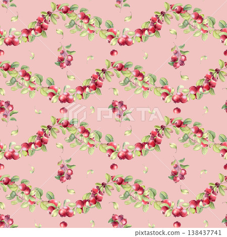 Rippled botanical watercolor seamless pattern isolated on pink. Lingonberry and cranberry hand drawn. Freshness berry background for fabric, wallpaper, packaging design. Summer bright repeat. Rippled botanical watercolor seamless pattern isolated on pink. Lingonberry and cranberry hand drawn. Freshness berry background for fabric, wallpaper, packaging design. Summer bright repeat. 138437741